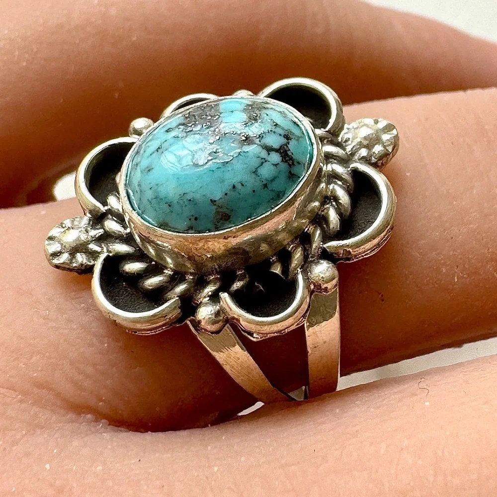 Navajo Flower Ring Turquoise Sz 7.5 Sterling Silver Signed Morgan Native Amer